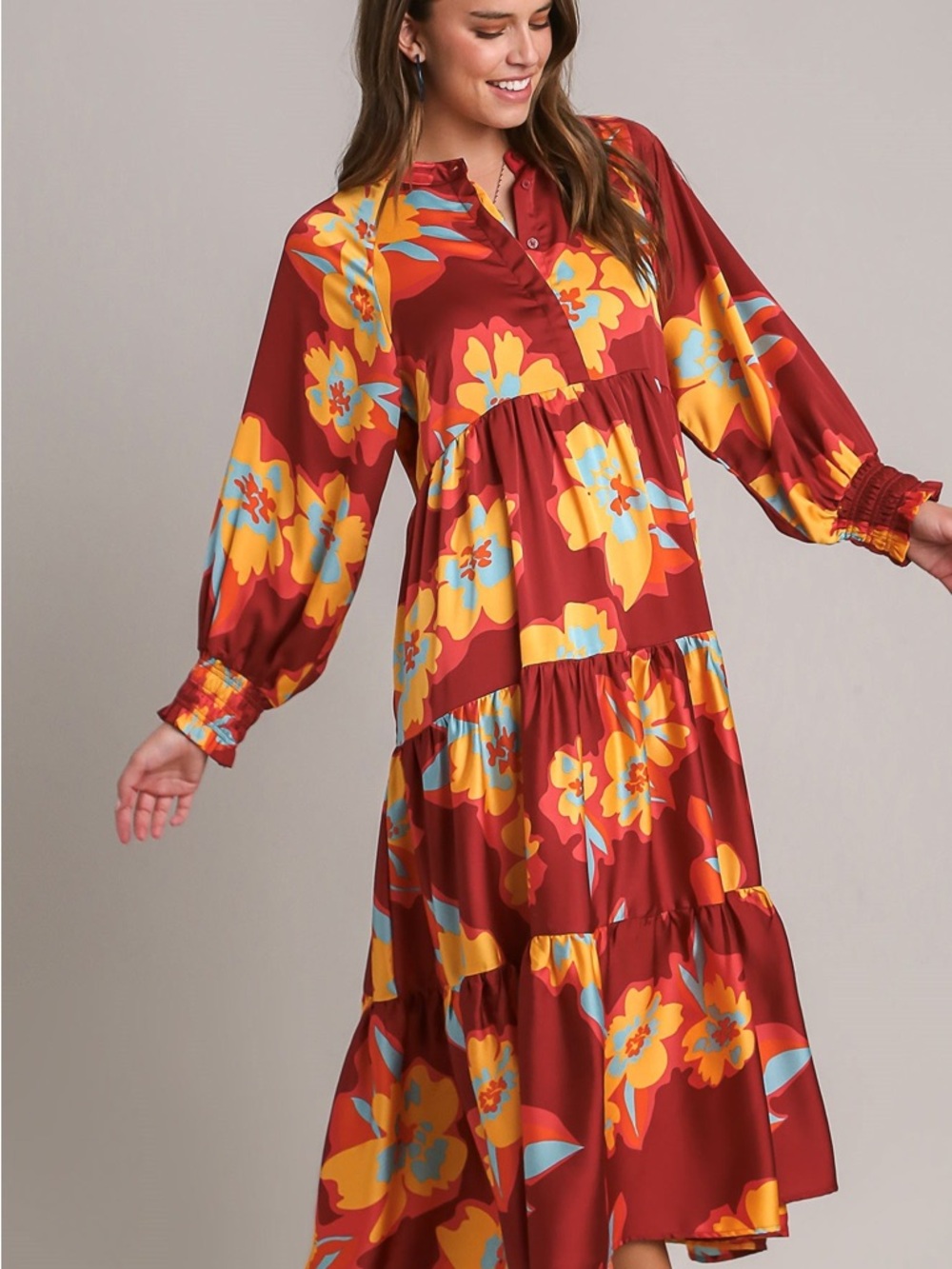 Umgee Rust Maxi Dress with Bold Yellow & Turquoise Floral Print - Picture 2 of 6